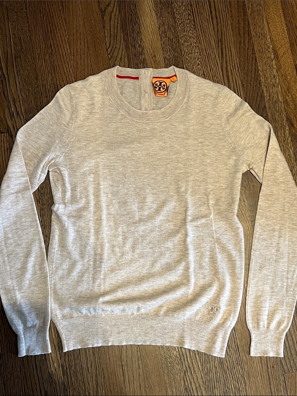 Tory Burch Heather Gray Crewneck Sweater with Orange Logo Trim